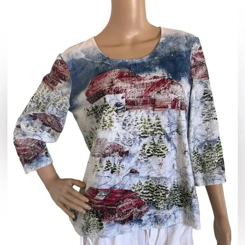 Chicos Vintage Winter Wonderland Ski Snow Wearable Art Cotton Stretch Top Size 2